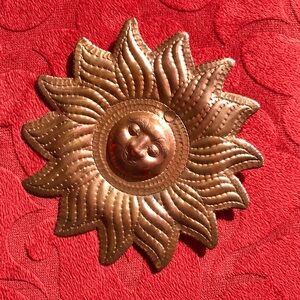 Sun Face Burst Copper Metal Mini Wall Hanging Smiling Sunshine 4” Handmade EUC